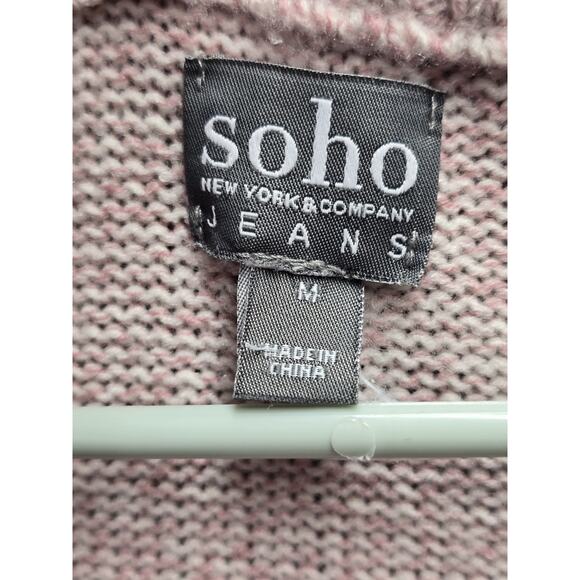 SOHO New York & Co Jeans Sweater Size M Cream Pink Mauve Wine Striped Laced Tie - Picture 4 of 6